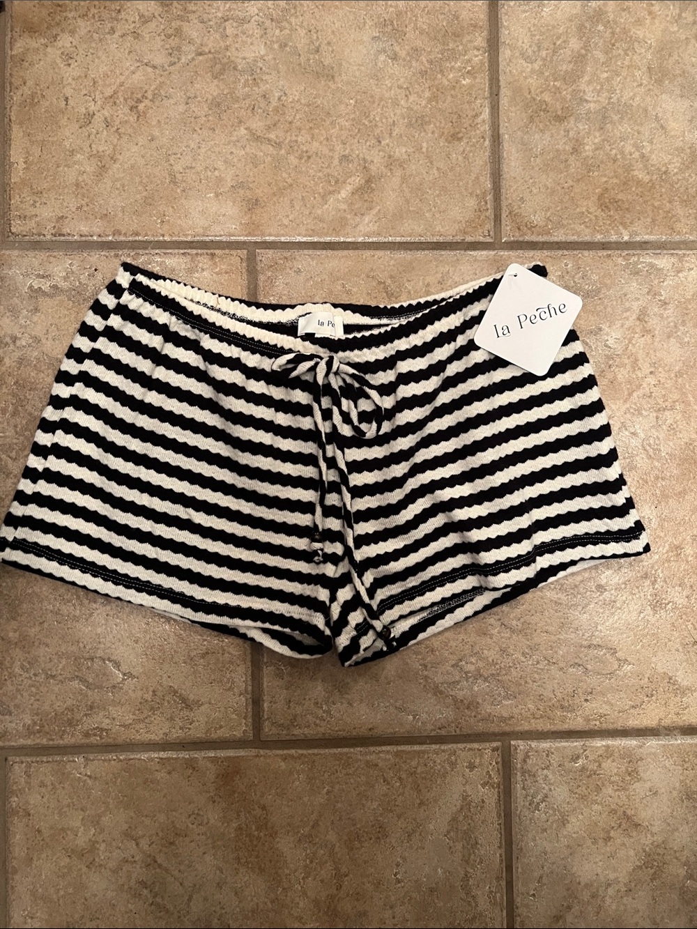 La Pêche Black and White Striped Knit Shorts